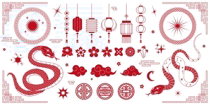 Set of decorative ornaments in Chinese style pattern, flower, lantern, cloud, snake, isolated on white background. Chinese New Year 2025. illustration in red color for cards, prints, posters. vector