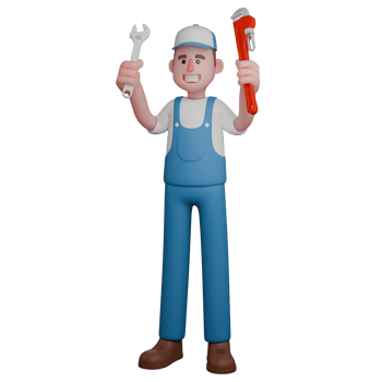 Automotive Technician in 3D.A mechanic is smiling while holding up two essential tools in his work a wrench and a pipe wrench. Cartoon Mechanic png