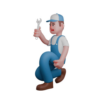 of a Professional Mechanic. A mechanic is kneeling with a serious expression while holding a wrench. 3D Male png