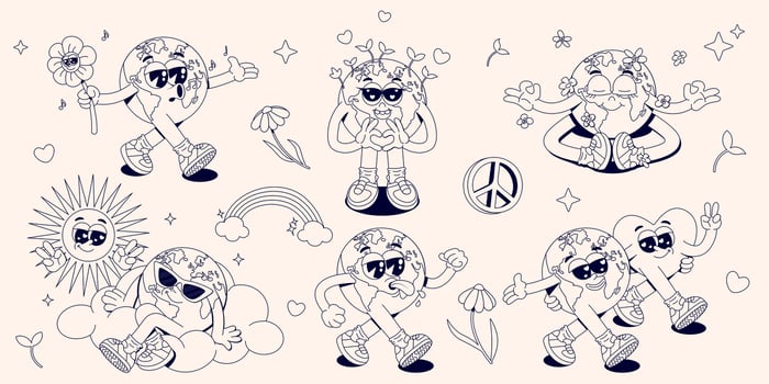 Collection of retro groovy hippie Earth planet characters. funny 60s, 70s vintage Earth Day stickers, stamps or mascots. World Environment Day concept. Y2K aesthetics. Monochrome palette. vector
