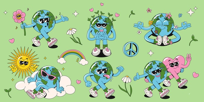 Collection of retro groovy hippie Earth planet characters. funny 60s, 70s vintage Earth Day stickers, stamps, patches or mascots. World Environment Day concept. Y2K aesthetics. Editable strocke vector