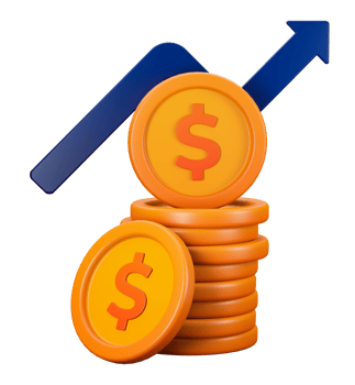3d transparent render of stack of dollar coins and arrow going up for investment metaphor. Can be used for banking, financial sector, fintech apps, banners, financial and economic education png