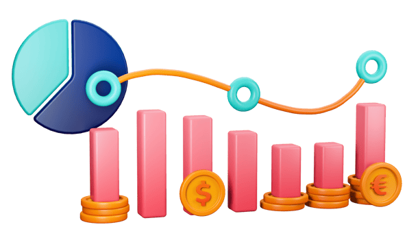 3d render of bar charts and line charts for strategy analysis in investment and finance. Can be used for banking, financial sector, fintech apps, seminar banners, financial and economic education png
