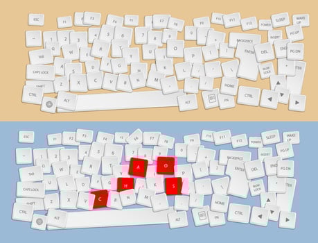 Realistic white keys of broken computer keyboard are sprinkled on table. Chaos and confusion in workplace. for any color of background vector