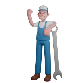 3D Automotive Expert. A cheerful mechanic in a blue uniform, leaning on a large wrench and raising his hand enthusiastically. Cartoon Male Mechanic png