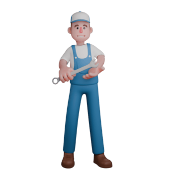 Professional Mechanic 3D Art. A mechanic holds a wrench with both hands, showcasing his readiness to work. Male Character png