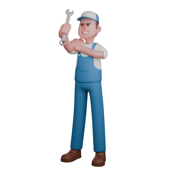 Male Mechanic with Tools. A mechanic with a serious expression, wearing a blue uniform, holding a wrench with determination png