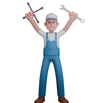 3D Male Mechanic Repairing. A mechanic raises two tools in both hands with enthusiasm. Automotive Cartoon png