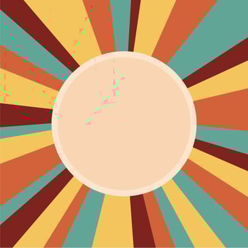 Vintage 70s disco vinyl record cover template square illustration with stripes in retro beige, orange, teal and brown colors. Abstract rainbow background with circle round frame for copy space vector