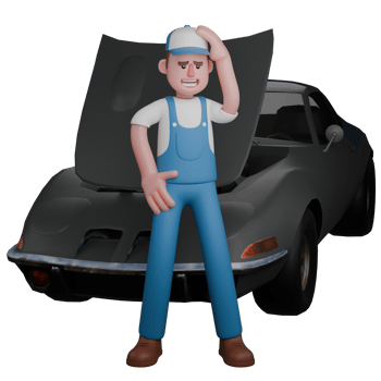 Animated Professional Mechanic. A mechanic stands in front of a car with his right hand on his waist and his left hand on his head. 3D Male png
