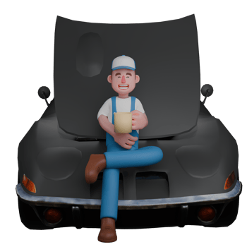 Professional Male Mechanic. A mechanic is sitting relaxed in front of a car with his left hand holding a glass. 3D Automotive png