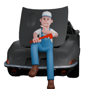 3D Male Mechanic in Garage. a mechanic is sitting with his hands right hand carrying a large crank while the left hand is on the chin. Professional Character png