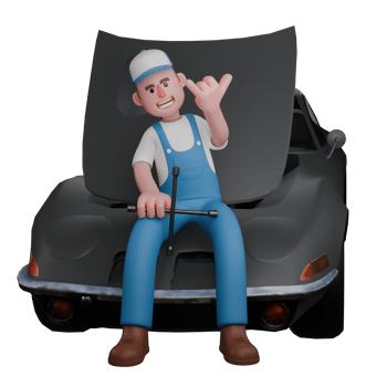 Male Mechanic Professionalism in 3D. A mechanic is sitting in front of a car with his right hand resting on his knee while carrying a 4-pole crank. Automotive Cartoon png