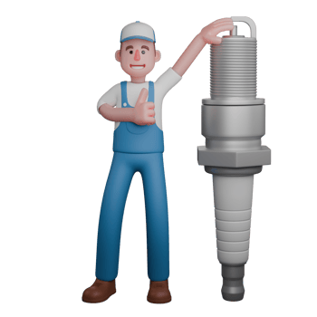 3D Male Mechanic in Workshop. A mechanic is standing while holding a large spark plug with his left hand. Cartoon png