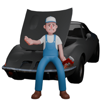 3D Automotive Practitioner. A mechanic sits in front of a car with his left hand holding a pipe wrench. Male Mechanic png