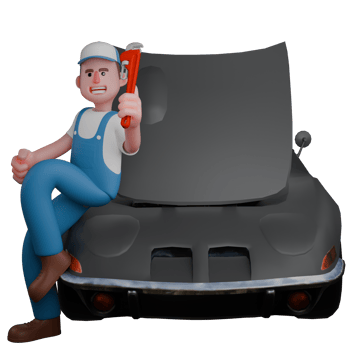 Illustrated Automotive Expert. A mechanic is sitting in front of a car with his left hand carrying a large crank. 3D Male Mechanic png