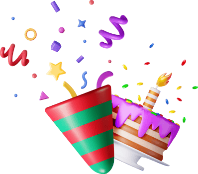 3D cake with candle and popper with confetti png