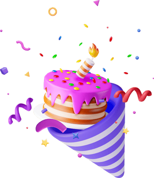 3D cake with candle and popper with confetti png