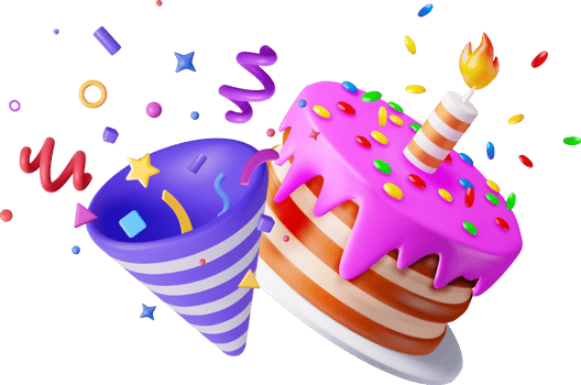 3D cake with candle and popper with confetti png