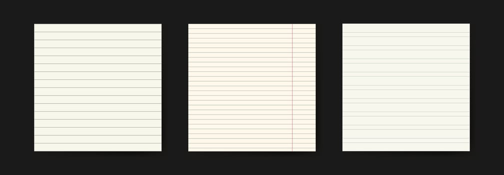 Square blank lined paper backgrounds for scrapbooking or school collages. Blank notebook pages with different line widths. Realistic pages for education, homework vector