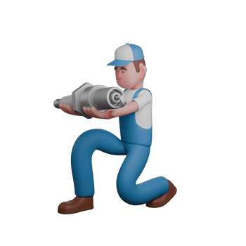 3D Illustrative Male Mechanic. A mechanic is kneeling as if handing a large spark plug. Automotive Professional png