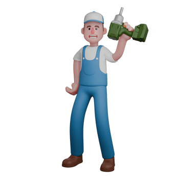 Professional Mechanic in 3D. A mechanic is standing with his right hand on his waist while his left hand is lifting a drill. Male png