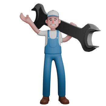 Technical Male Mechanic. A mechanic is standing with a large crank on his left shoulder. 3D Professional Character png