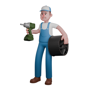 Male Mechanic Professional Character. A mechanic is standing with his right hand holding a drill while his left hand is holding a car rim. png