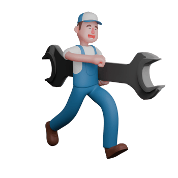 3D Model of Professional Male Mechanic. A cheerful mechanic in a blue uniform, running while holding a giant wrench. Cartoon png