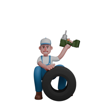 Cartoon Professional Mechanic. A mechanic is crouching behind a tire while his left hand is holding a drill. 3D Male png