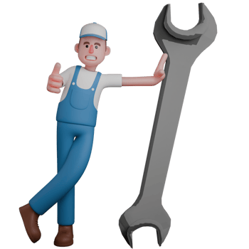 Technical Professional Male. A confident mechanic in a blue uniform, leaning against a giant wrench while giving a thumbs-up gesture. 3D Mechanic Cartoon png