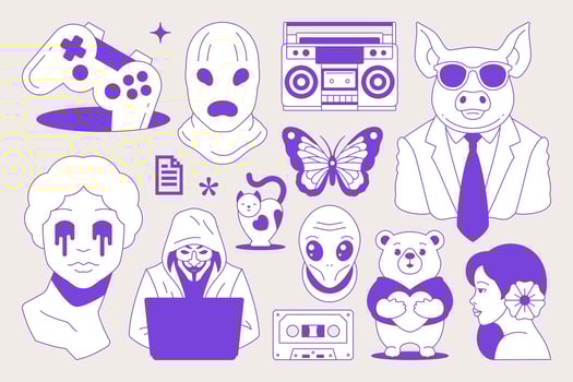 Y2k retro groovy blue sketch ink psychedelic comic icon set flat illustration vector