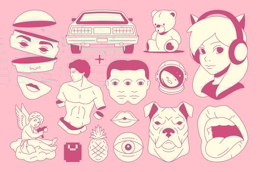 Y2k psychedelic neo gothic emo girl pink retro groovy icon set flat illustration vector
