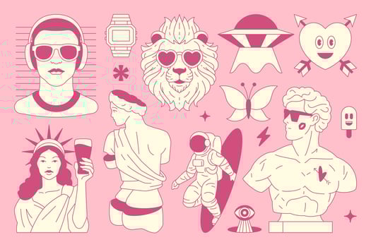 Y2k comic retro groovy psychedelic pink outline icon set flat illustration vector