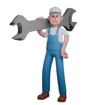 3D Male Mechanic in Professional Role. A mechanic is standing with a large crank on his right shoulder while his left hand is on his waist. Technical Cartoon png