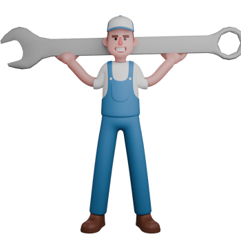 3D Mechanic Male in Professional Setting. A mechanic is standing with both hands carrying a large crank. Cartoon png