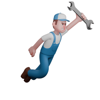 Male Mechanic in Technical 3D. A spirited mechanic in a blue uniform, jumping with a large wrench raised high in his hand. Professional png