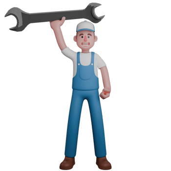 3D Male Mechanic Character in Action. A mechanic with a big smile, wearing a blue uniform, lifting a large wrench above his head with his right hand while clenching his left hand. Professional png