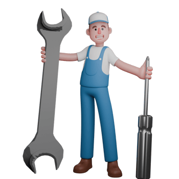 Professional Male Technical Character. A cheerful mechanic in a blue uniform, holding a giant wrench in one hand and a large screwdriver in the other. 3D Mechanic png