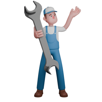 3D Professional Male in Mechanic Role. A mechanic is standing with his left hand raised upwards while the right hand is carrying a large crank. Cartoon png