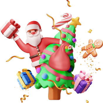 3D santa claus with gift bag and christmas tree png