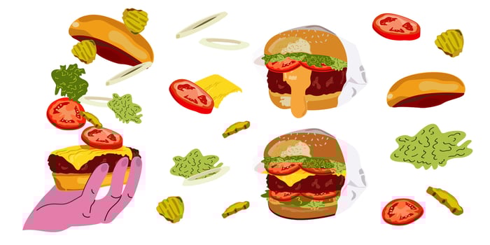 Fast food illustration. burgers in flat style. National burger day. Cheeseburger modern poster. Burger Banner. Set of ingredients for a Burger. Burger design for motion graphics vector