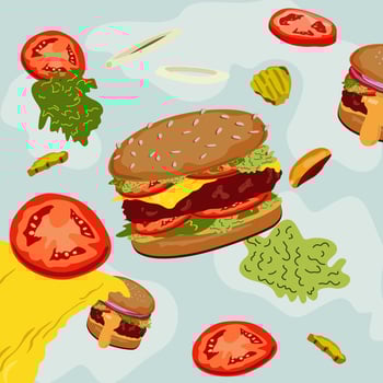 Fast food illustration. burgers in flat style. National burger day. Cheeseburger modern poster. Burger Banner. Set of ingredients for a Burger. Burger design for motion graphics vector
