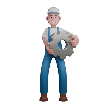 Professional Mechanic Character in 3D. A mechanic is standing with both hands holding a gear. Male png