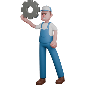 3D Male Technical Character. A mechanic is standing with his right hand lifting the gear up. Mechanic Professional png