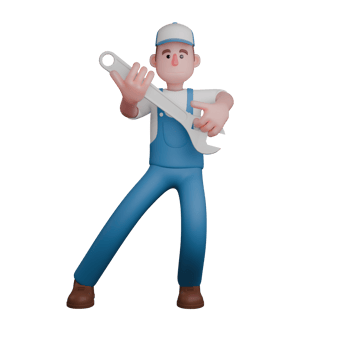 3D Professional Male Mechanic Character. A mechanic holding a large wrench with both hands in a position indicating readiness and caution. Technical png
