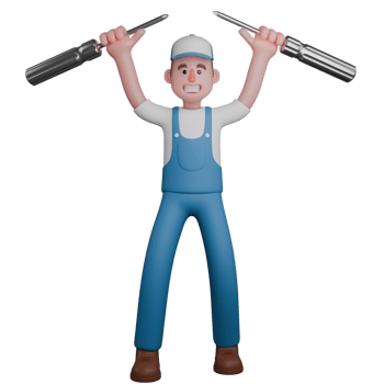 Male Technical Professional in 3D. A mechanic is standing with both hands raised up while holding a screwdriver in each hand. Mechanic Cartoon png