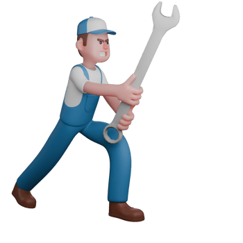 Professional 3D Male Technical Mechanic. A mechanic is standing facing to the left, the position of the left foot is in front and the right foot is behind while both hand holding a large crank png