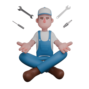 of Professional Male Mechanic. A mechanic in a blue uniform sits in a meditative position with eyes closed, while various repair tools like wrenches, screwdrivers, and spark plugs float around him png