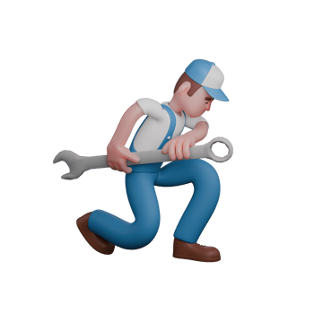 3D Male Mechanic in Technical Profession. A mechanic is kneeling facing to the left while both hands are holding the crank at his side right. Illustrated png